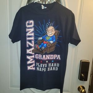 Amazing Grandpa Navy Blue Humorous Graphic T-Shirt Size M "Plays Hard Naps Hard”